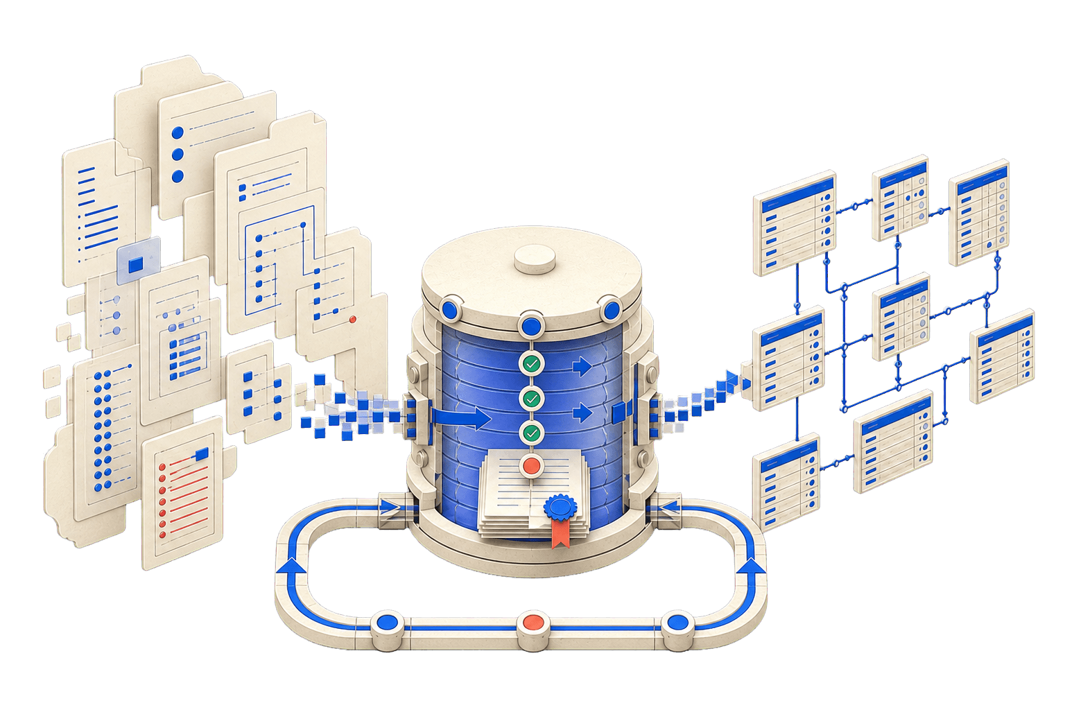 Document records entering a verified migration chamber and emerging as a relational system with a return path